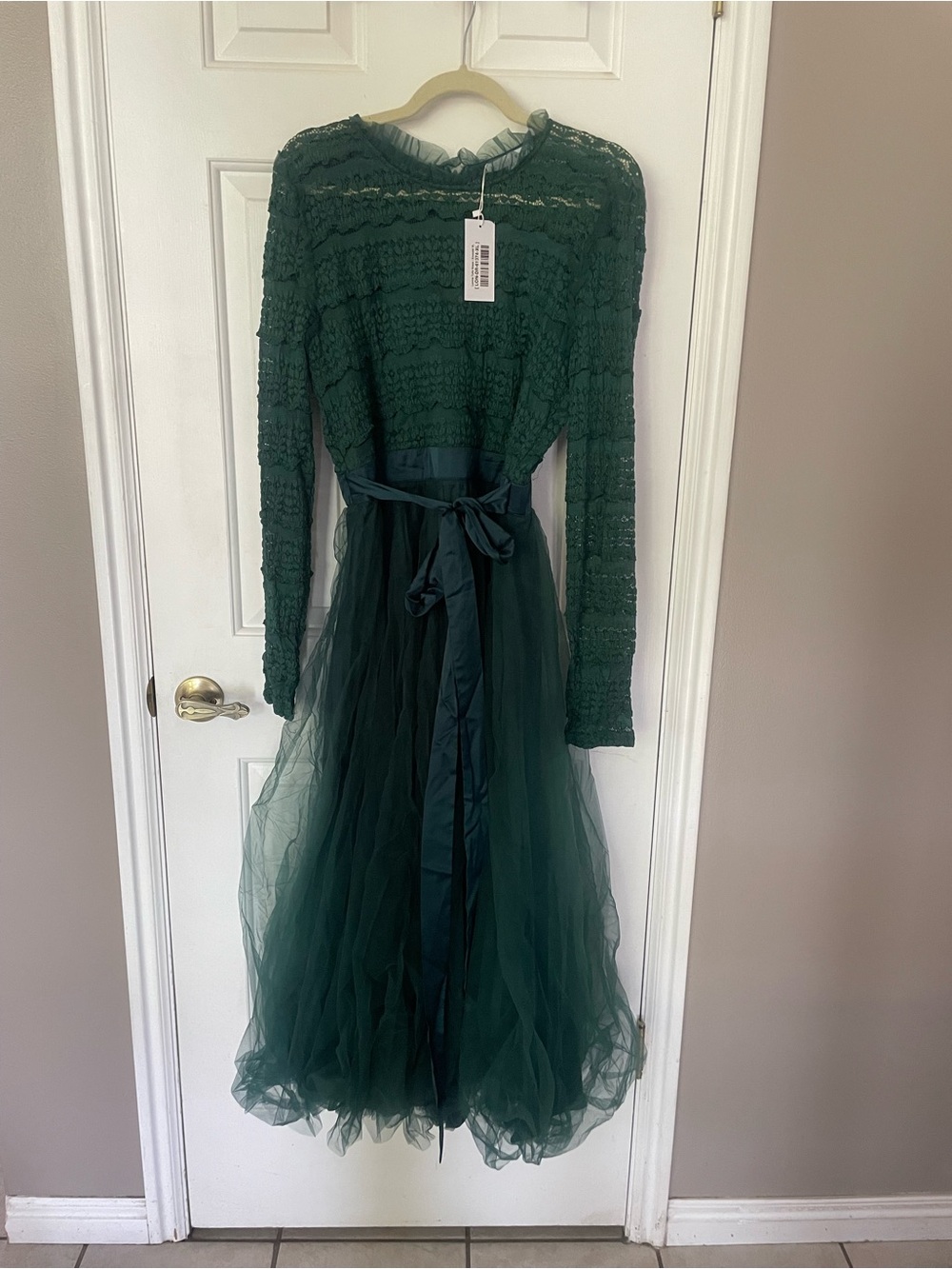 Baltic Born Forest Green Lace & Tulle Midi Dress with Waist Tie